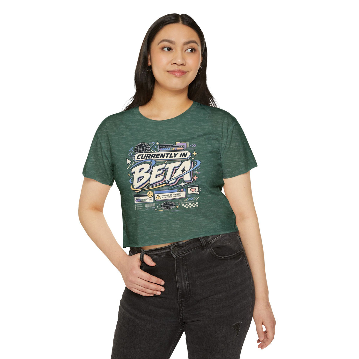Currently in Beta Crop Top — Women's Festival Graphic Tee