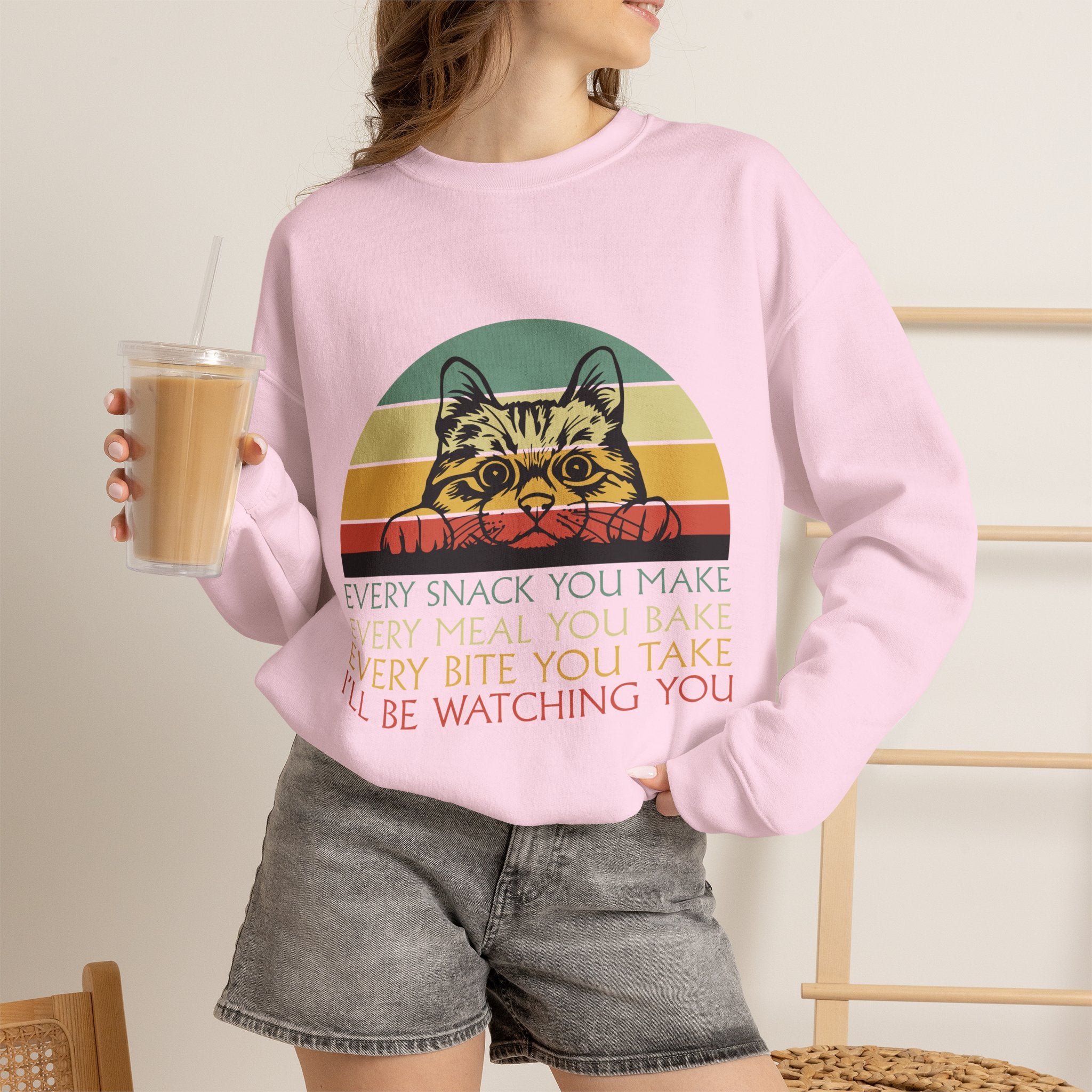 Cat Watching You Sweatshirt - Retro Stripes "Every Snack You Make... I'll Be Watching You" Crewneck