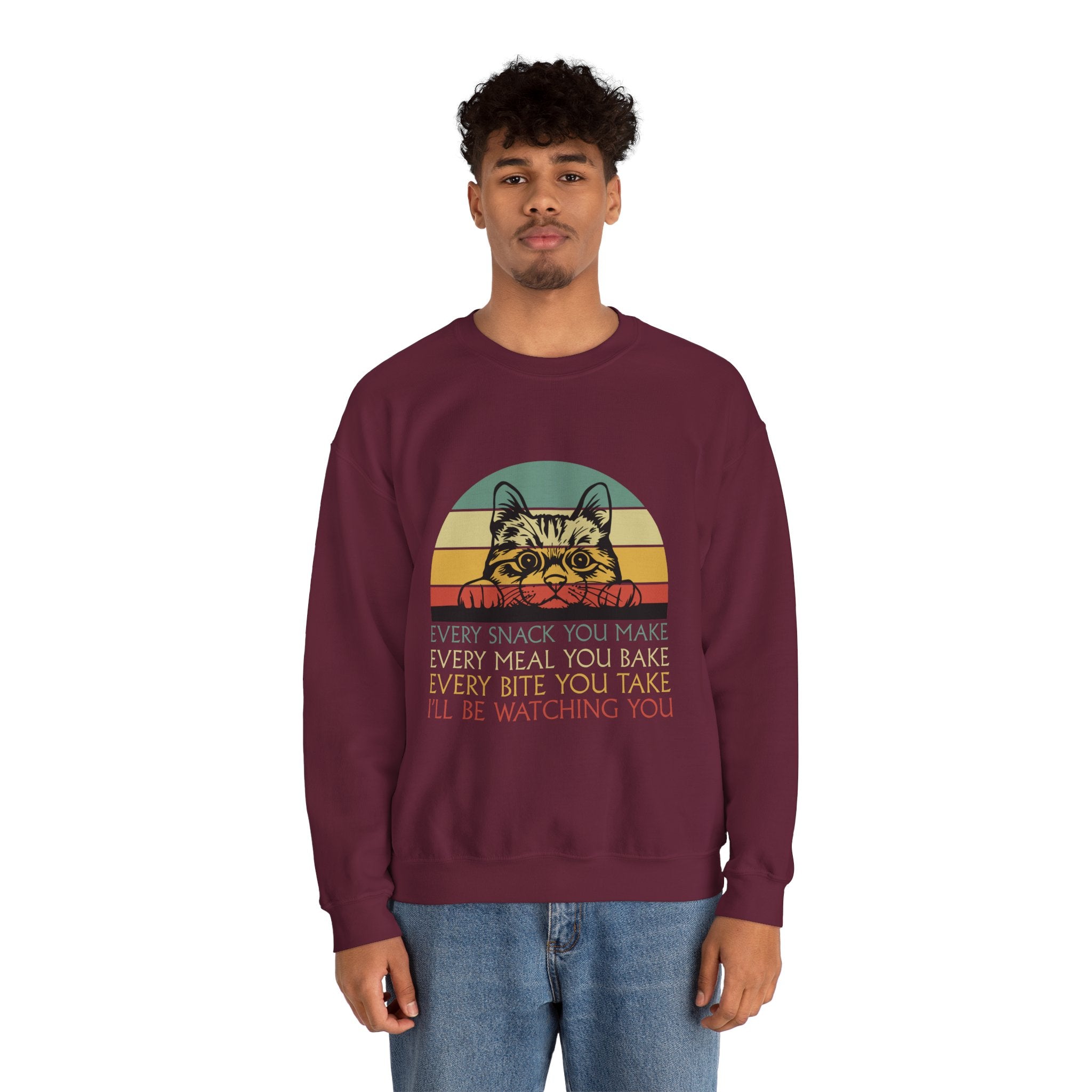 Cat Watching You Sweatshirt - Retro Stripes "Every Snack You Make... I'll Be Watching You" Crewneck