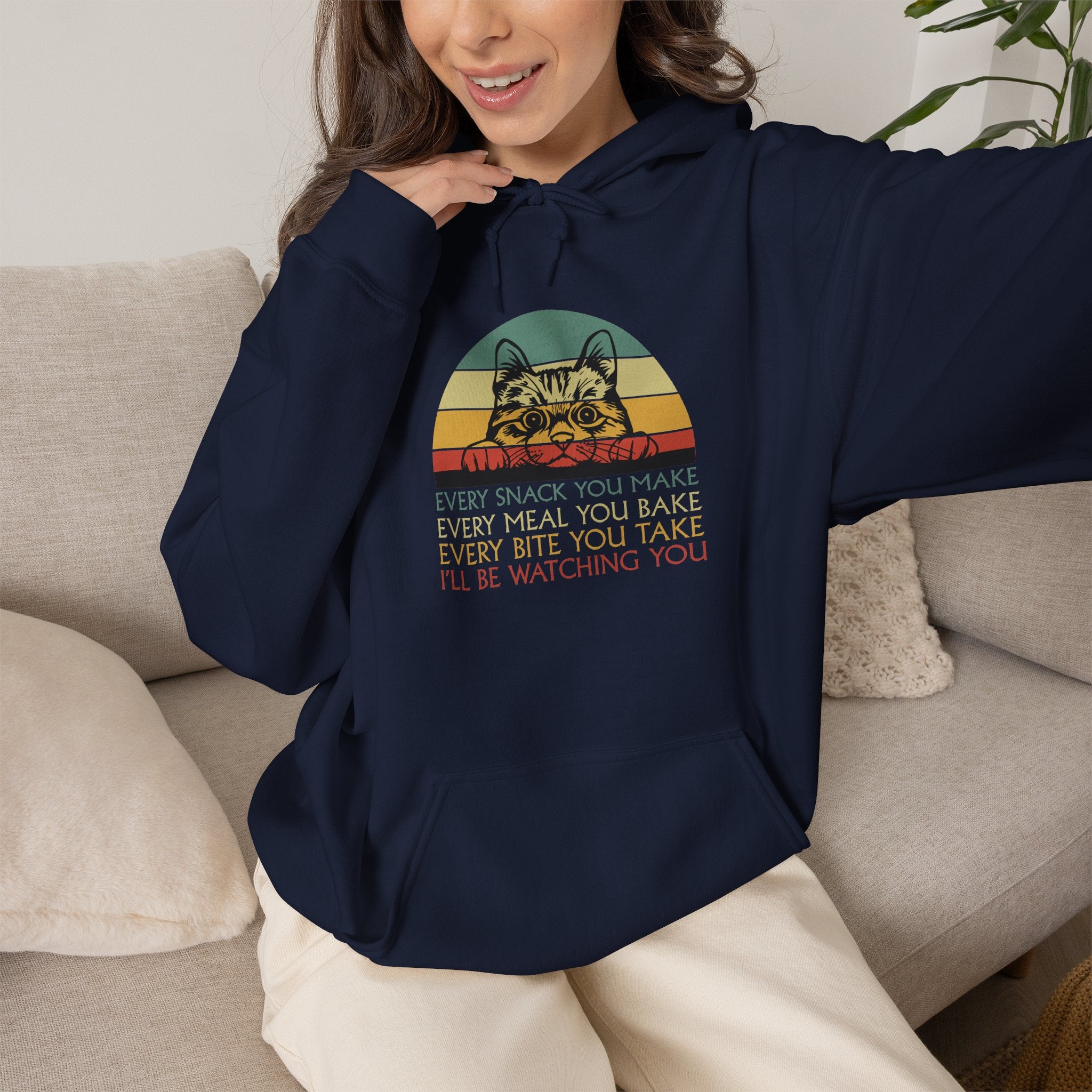 Cat Watch Retro Hoodie – “Every Snack You Make” Funny Cat Lover Sweatshirt