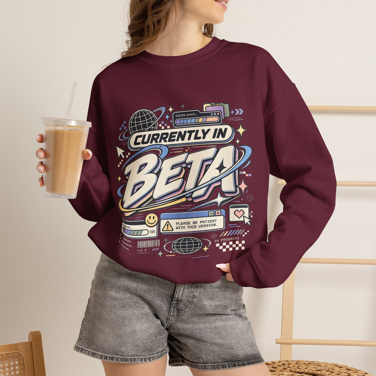 Crewneck Sweatshirt — "Currently in Beta" Retro Tech Graphic