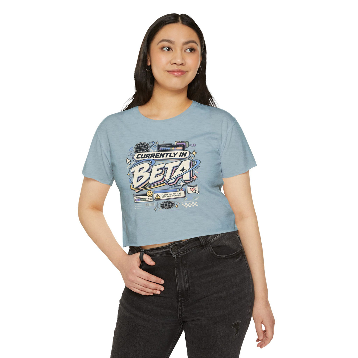 Currently in Beta Crop Top — Women's Festival Graphic Tee