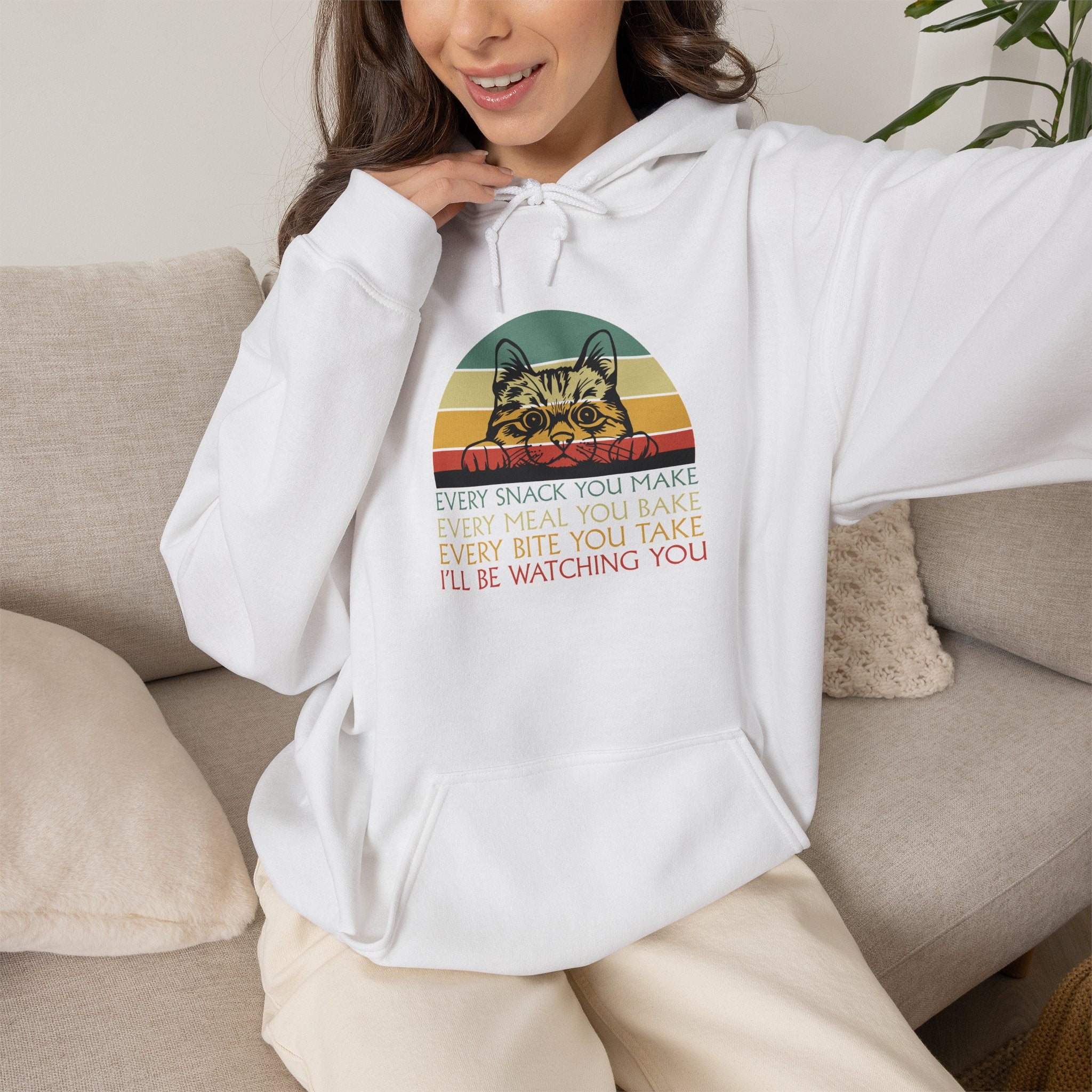 Cat Watch Retro Hoodie – “Every Snack You Make” Funny Cat Lover Sweatshirt