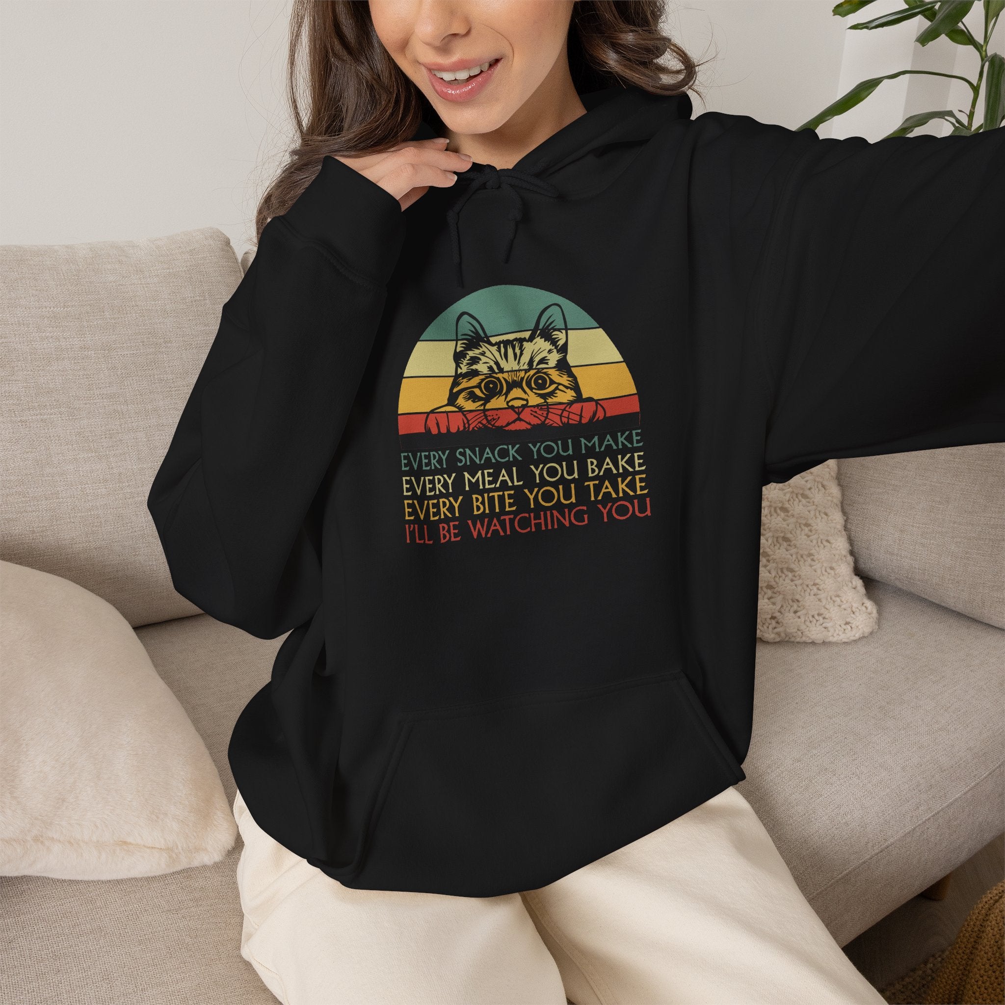 Cat Watch Retro Hoodie – “Every Snack You Make” Funny Cat Lover Sweatshirt