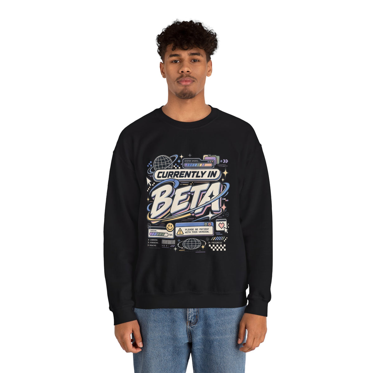 Crewneck Sweatshirt — "Currently in Beta" Retro Tech Graphic