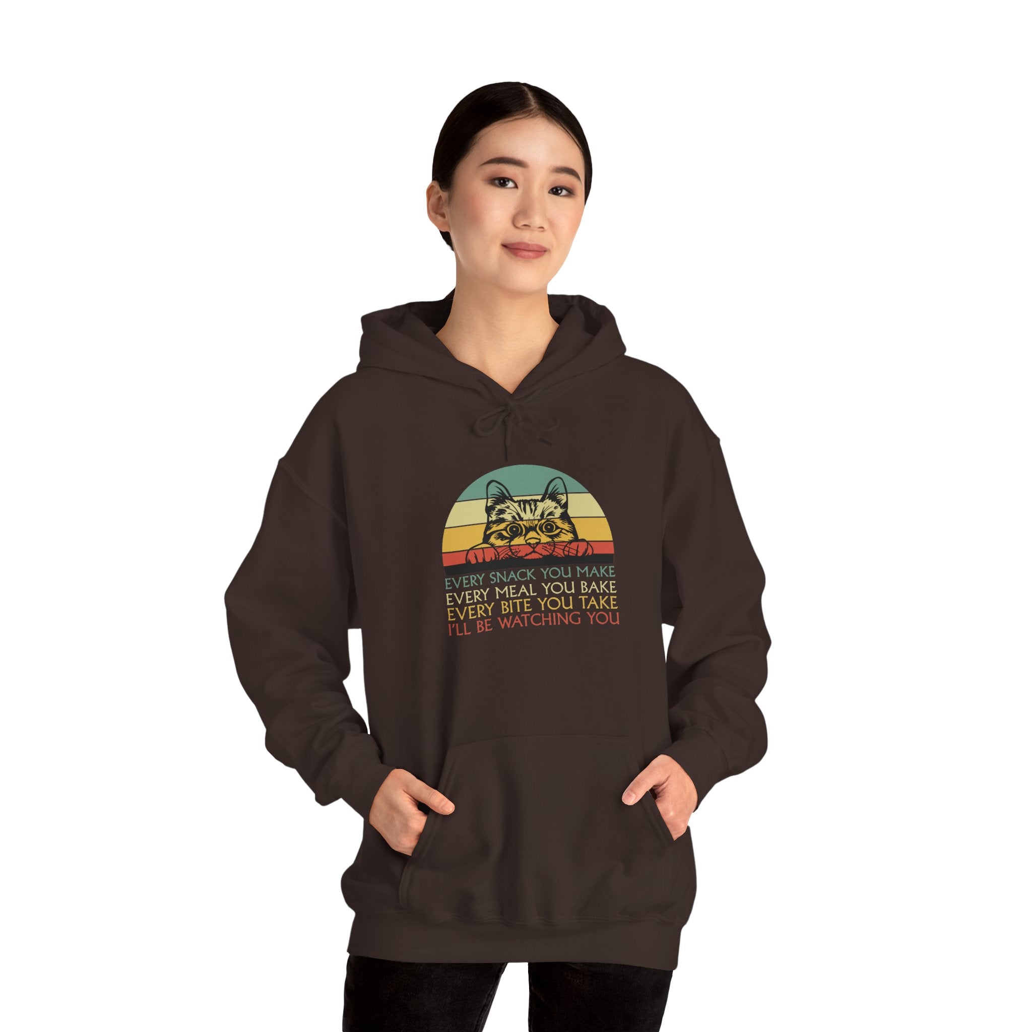 Cat Watch Retro Hoodie – “Every Snack You Make” Funny Cat Lover Sweatshirt
