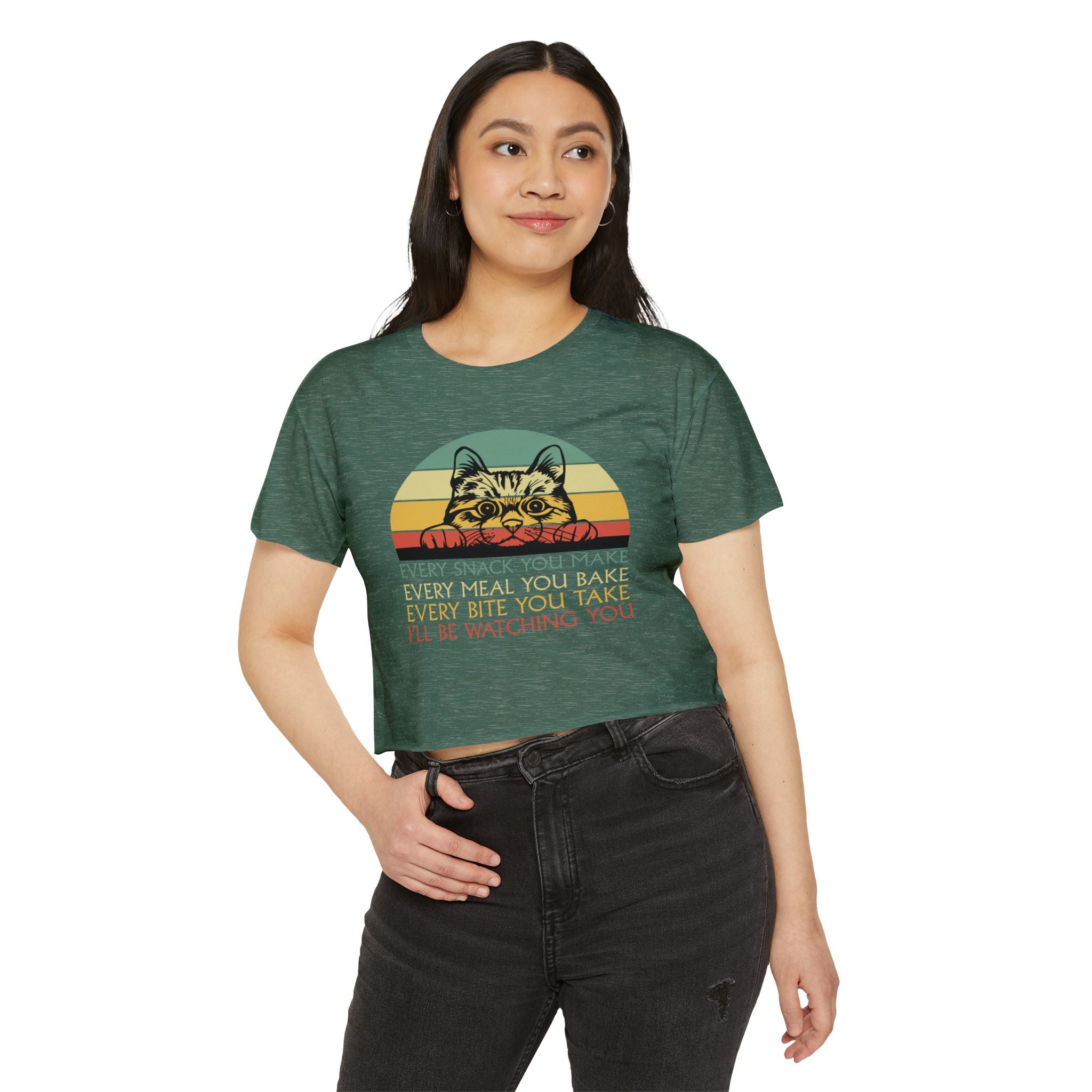 Cat Sneak Vintage Tee — “Every Snack You Make…” Retro Cat Graphic Crop Top