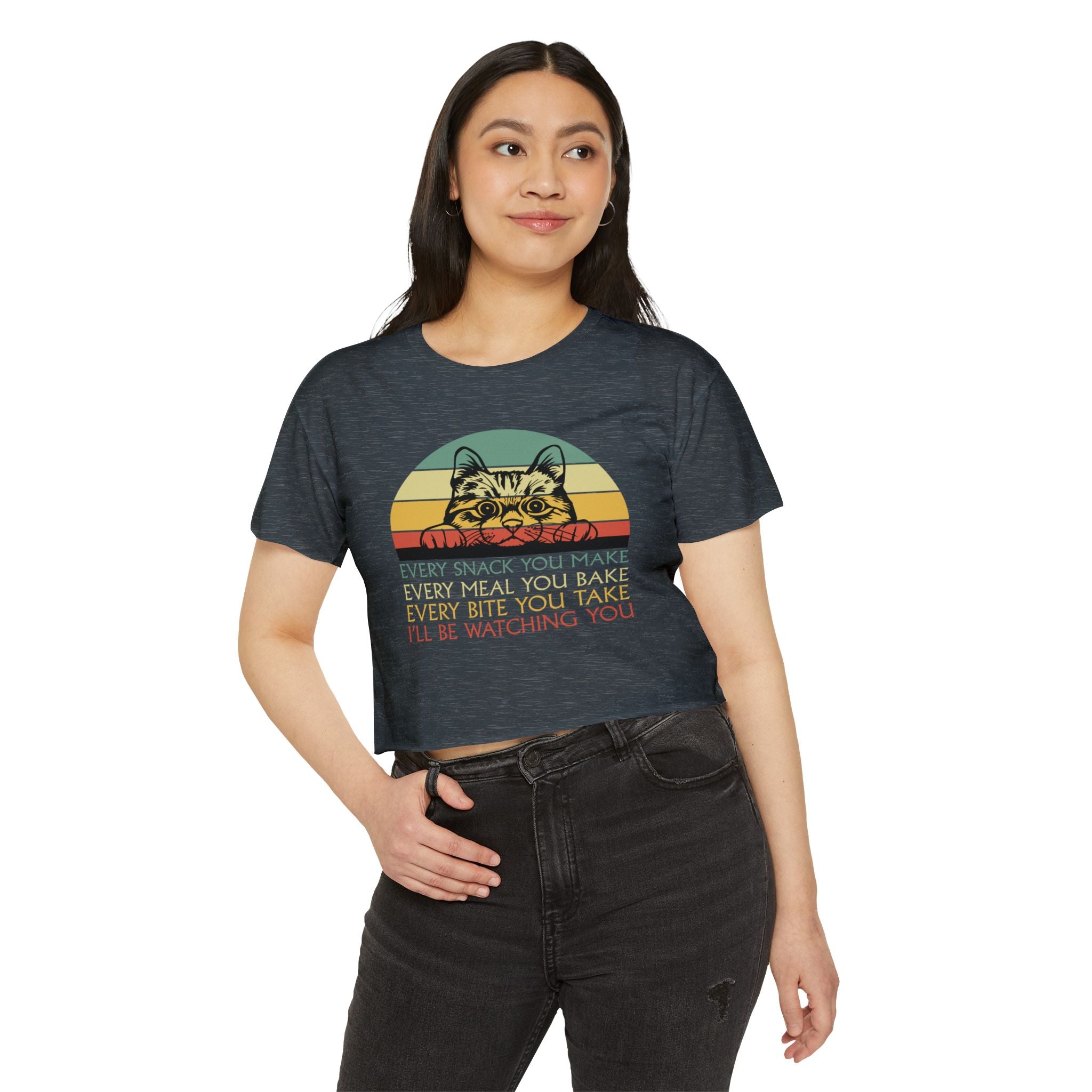 Cat Sneak Vintage Tee — “Every Snack You Make…” Retro Cat Graphic Crop Top