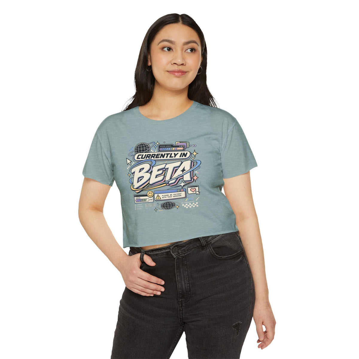 Currently in Beta Crop Top — Women's Festival Graphic Tee