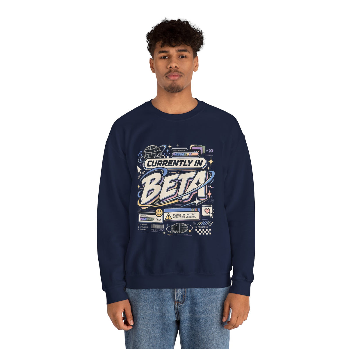 Crewneck Sweatshirt — "Currently in Beta" Retro Tech Graphic