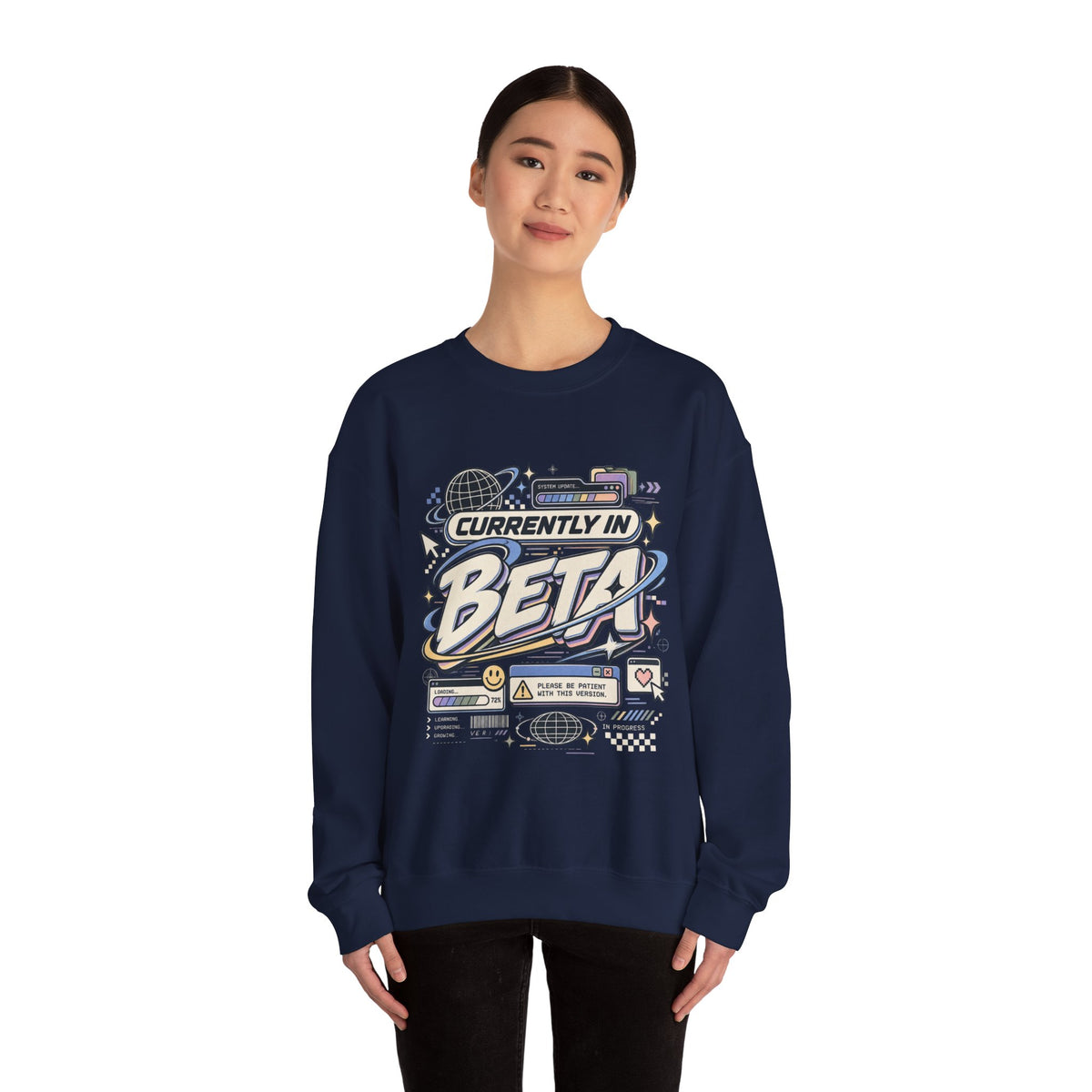 Crewneck Sweatshirt — "Currently in Beta" Retro Tech Graphic