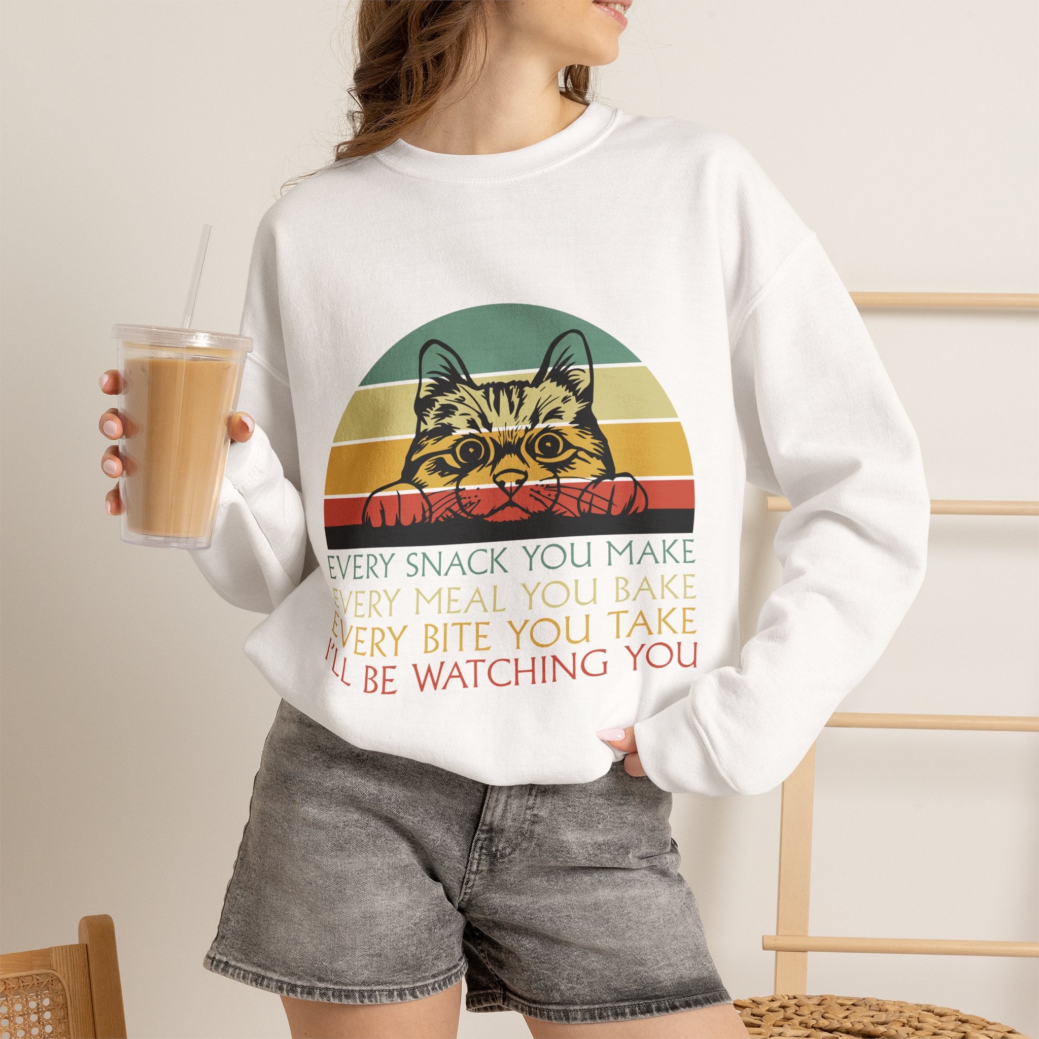 Cat Watching You Sweatshirt - Retro Stripes "Every Snack You Make... I'll Be Watching You" Crewneck