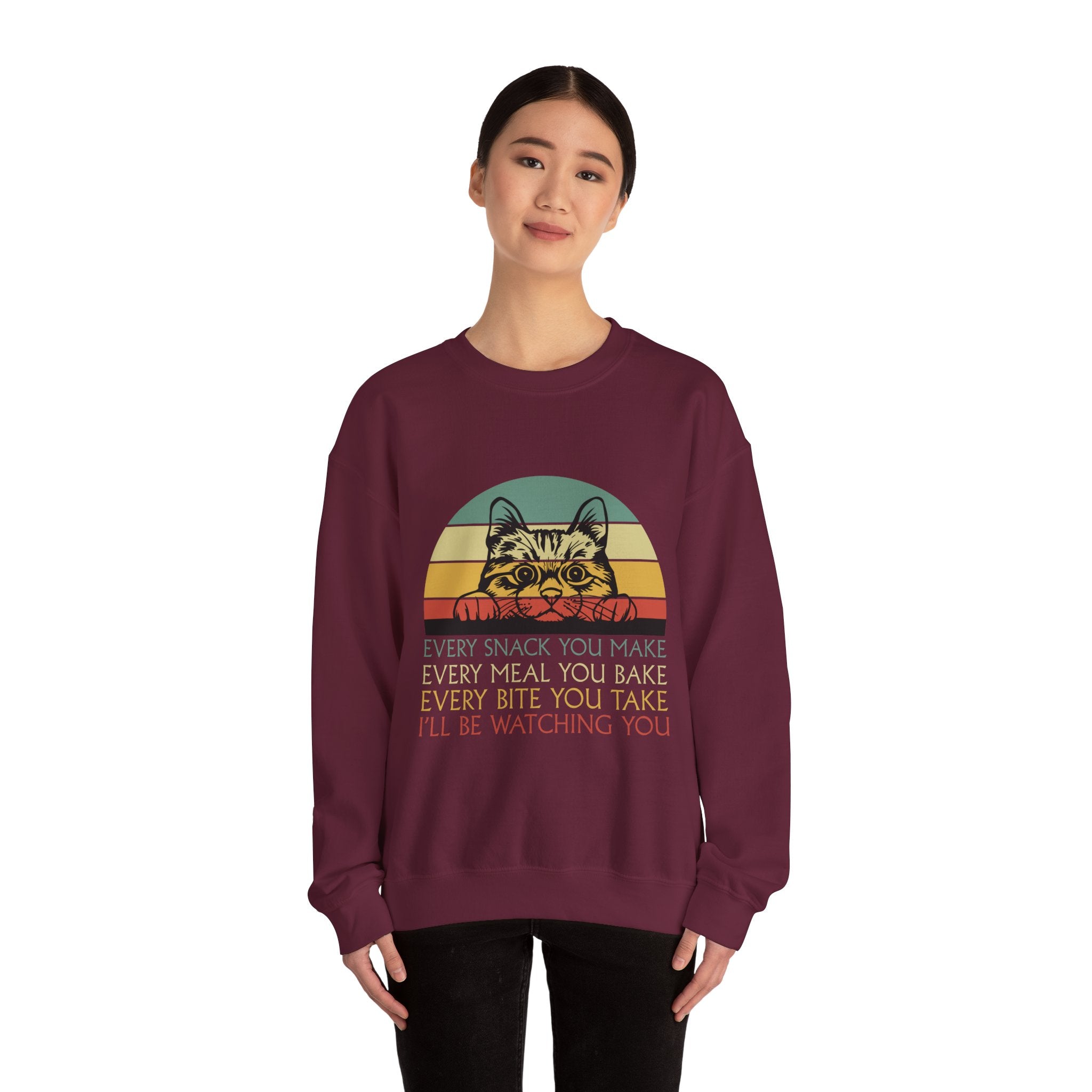 Cat Watching You Sweatshirt - Retro Stripes "Every Snack You Make... I'll Be Watching You" Crewneck
