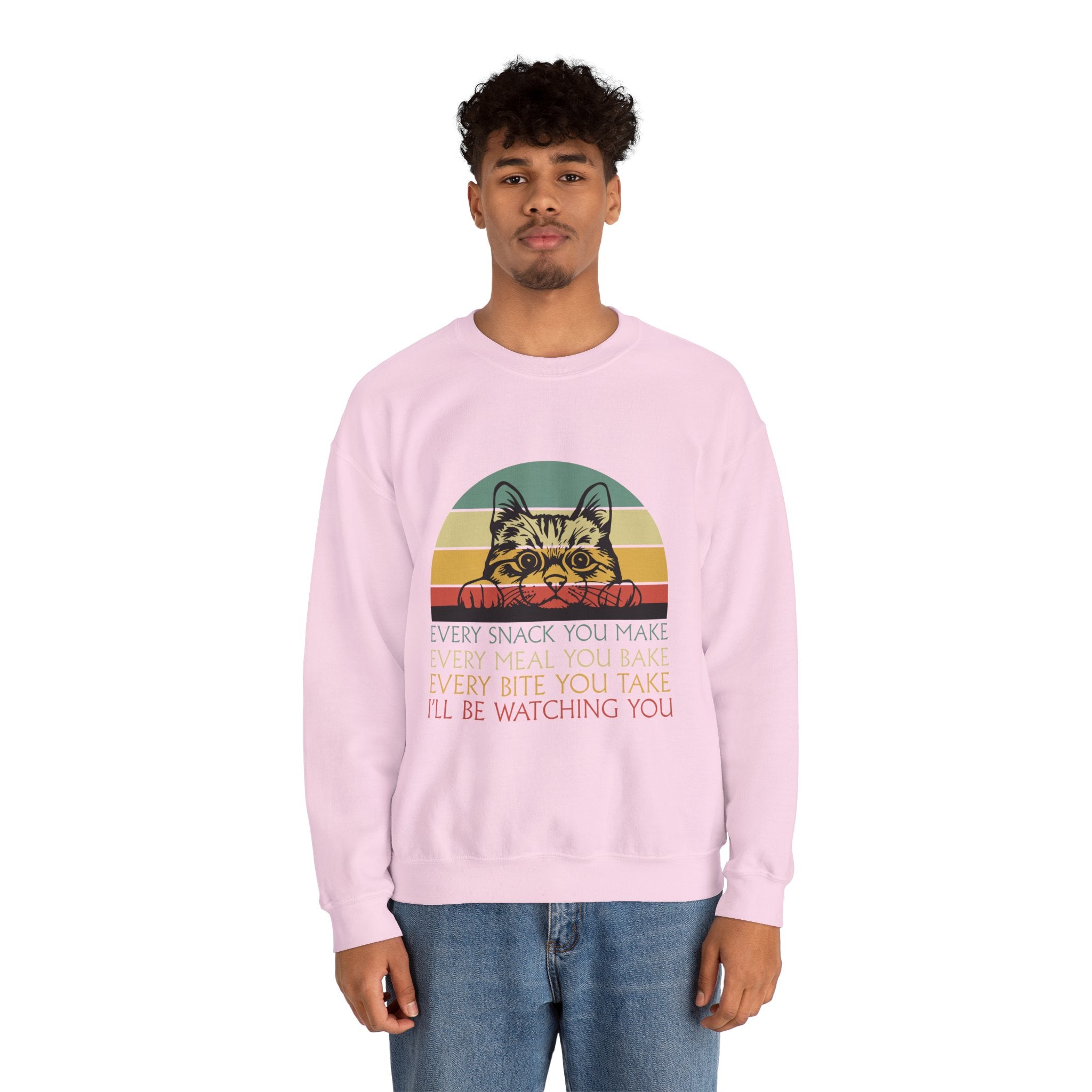 Cat Watching You Sweatshirt - Retro Stripes "Every Snack You Make... I'll Be Watching You" Crewneck