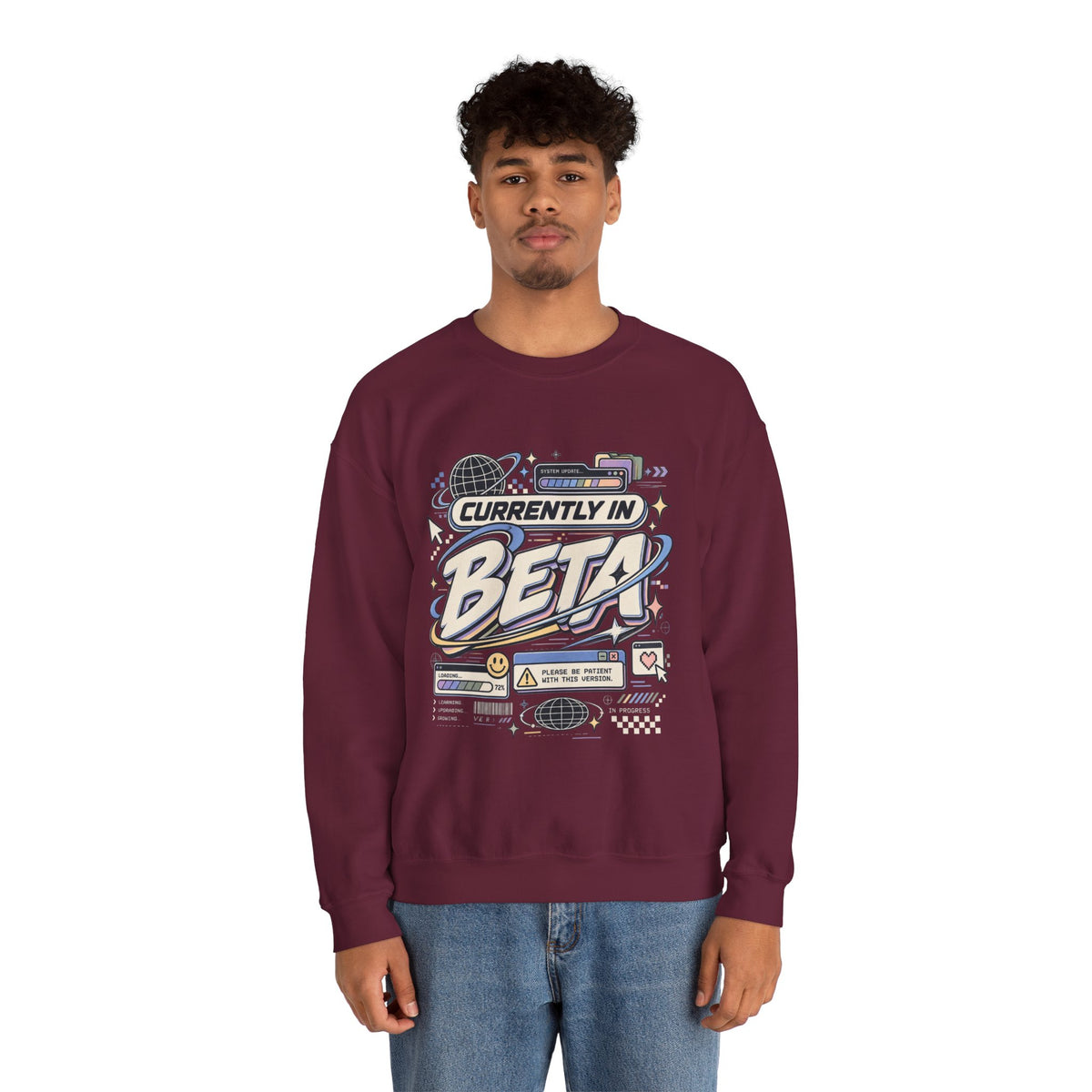 Crewneck Sweatshirt — "Currently in Beta" Retro Tech Graphic
