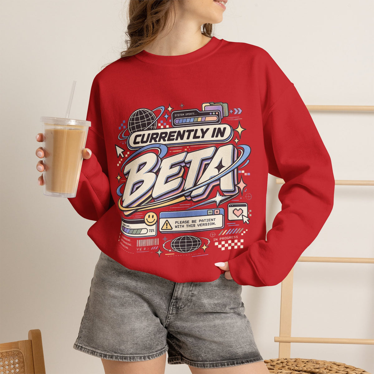 Crewneck Sweatshirt — "Currently in Beta" Retro Tech Graphic
