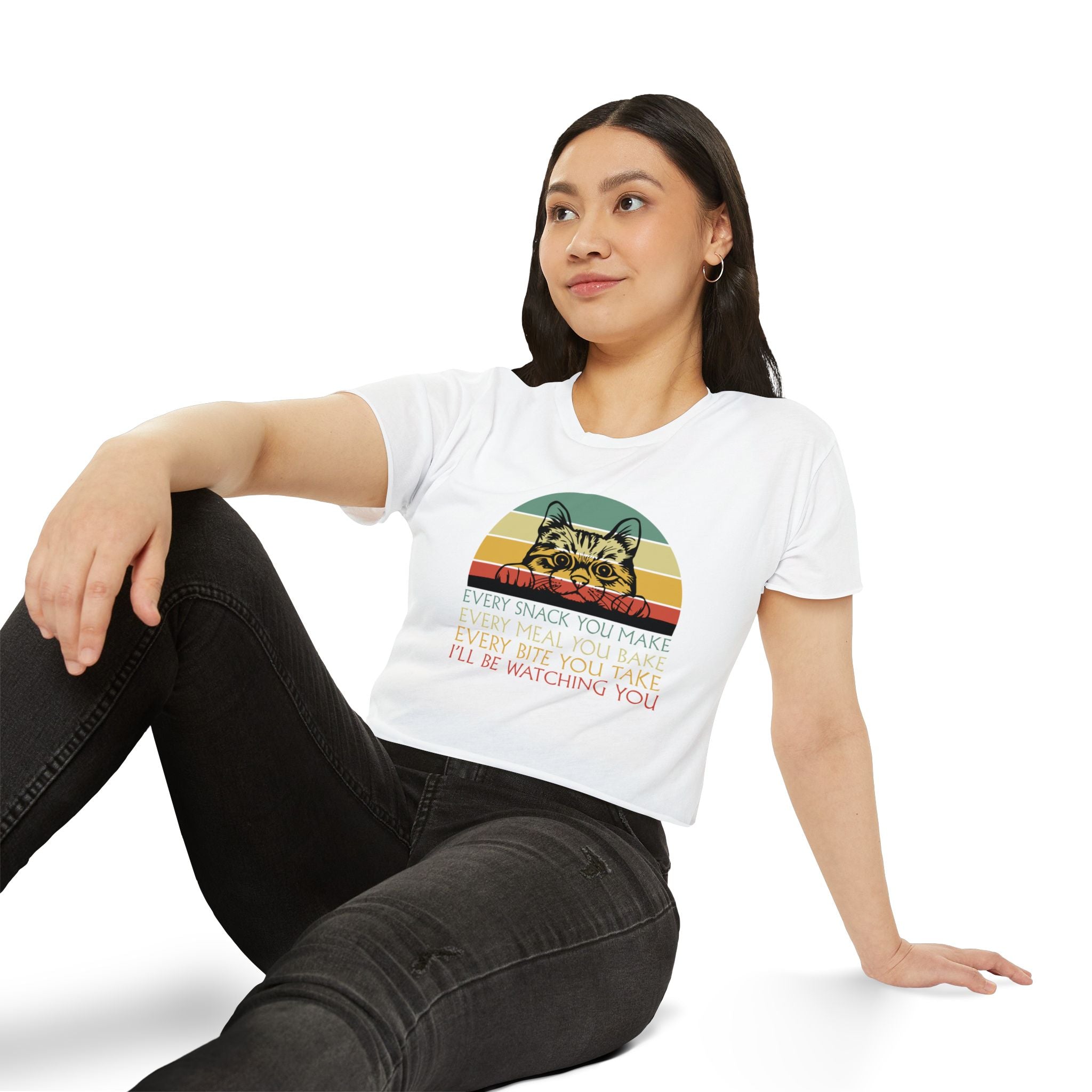 Cat Sneak Vintage Tee — “Every Snack You Make…” Retro Cat Graphic Crop Top