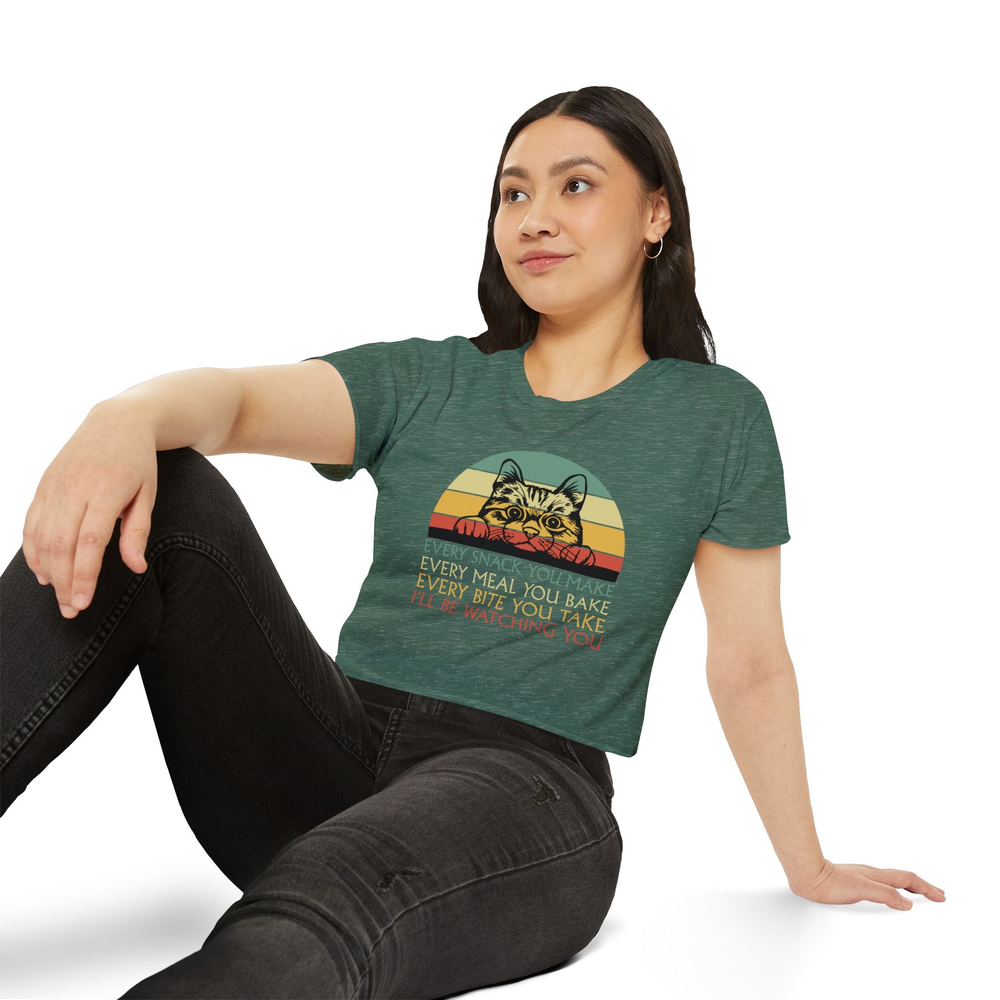Cat Sneak Vintage Tee — “Every Snack You Make…” Retro Cat Graphic Crop Top
