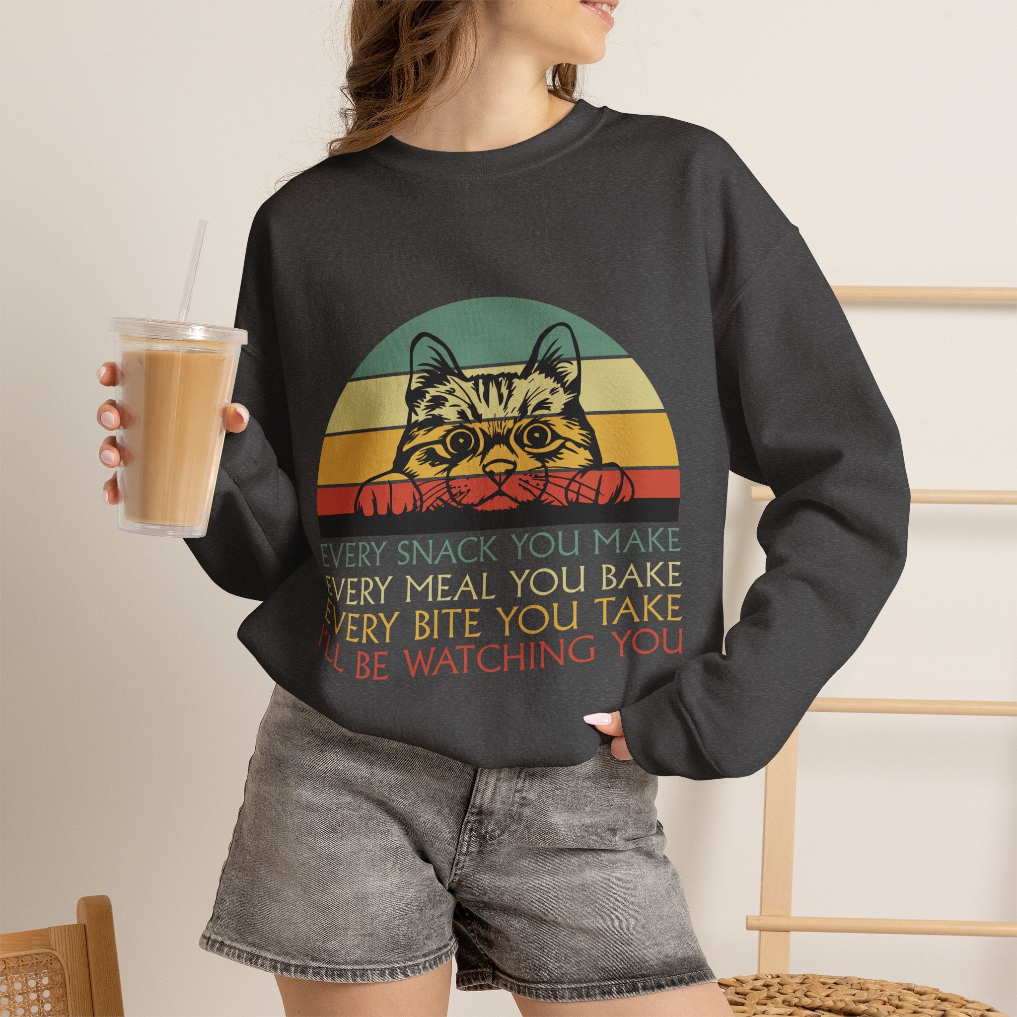 Cat Watching You Sweatshirt - Retro Stripes "Every Snack You Make... I'll Be Watching You" Crewneck