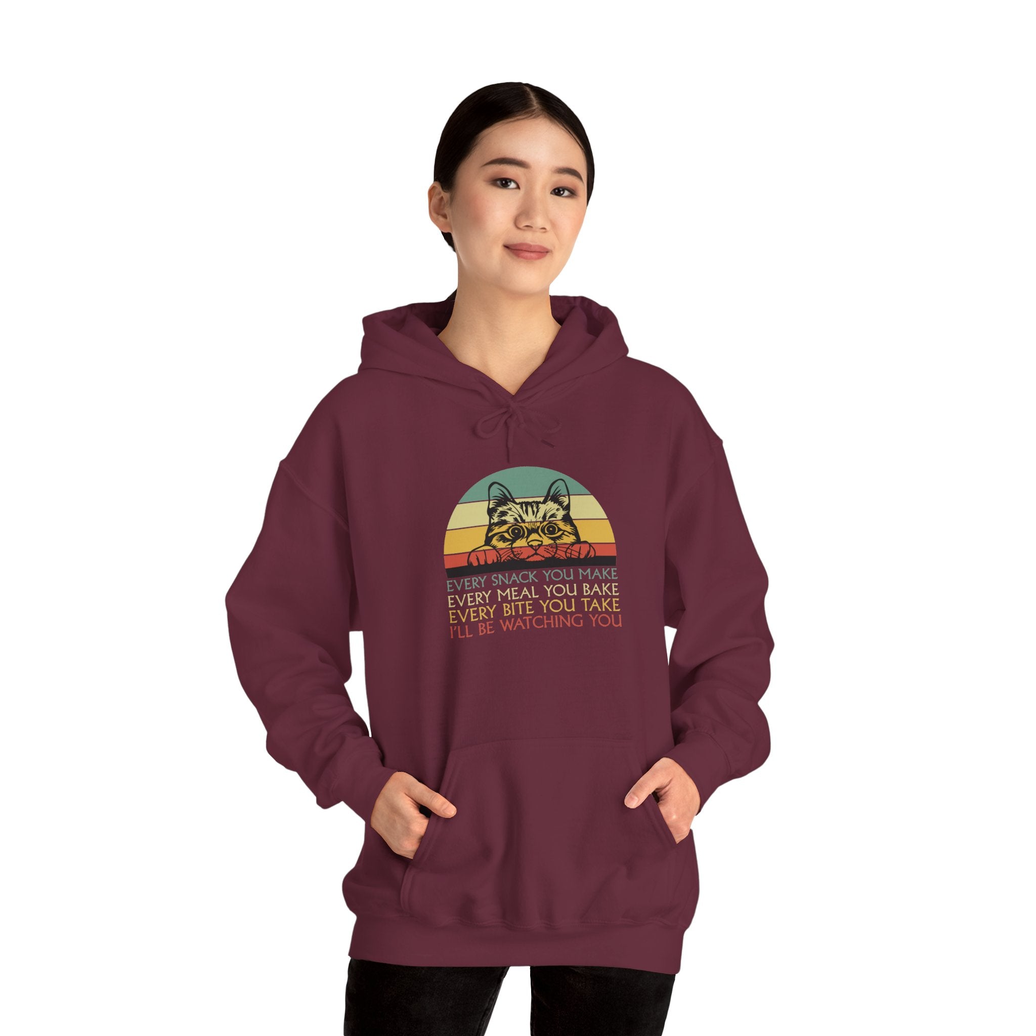 Cat Watch Retro Hoodie – “Every Snack You Make” Funny Cat Lover Sweatshirt