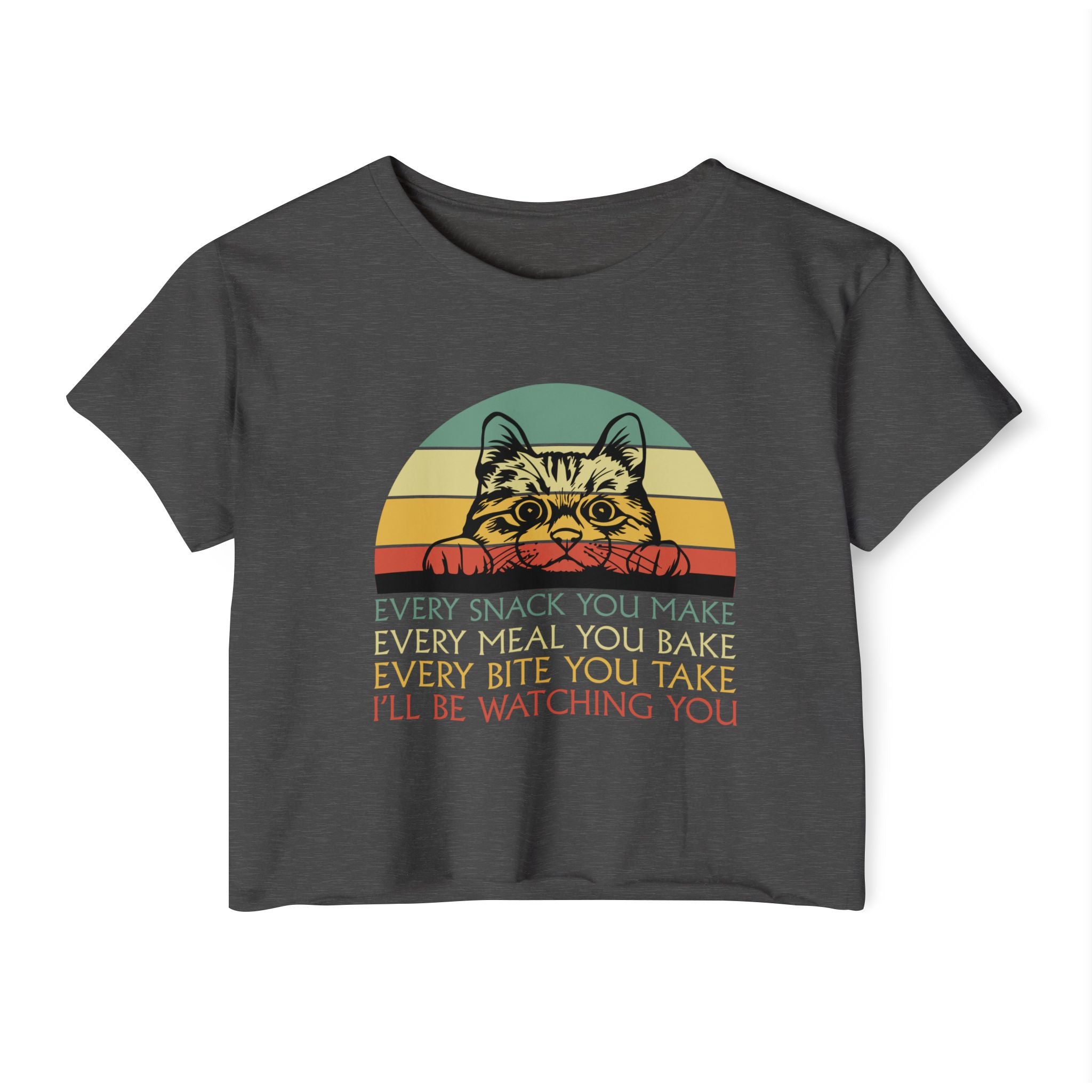 Cat Sneak Vintage Tee — “Every Snack You Make…” Retro Cat Graphic Crop Top