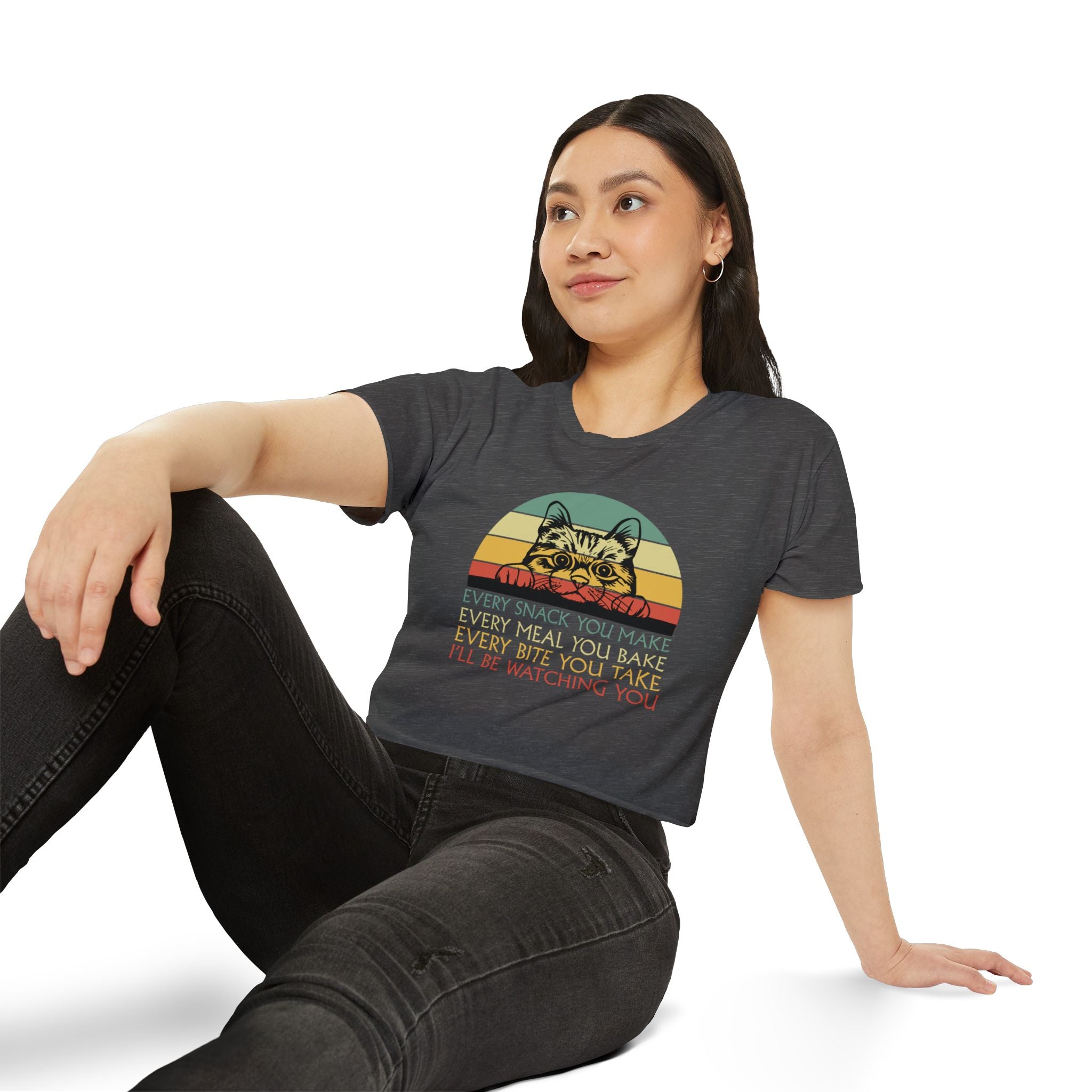 Cat Sneak Vintage Tee — “Every Snack You Make…” Retro Cat Graphic Crop Top