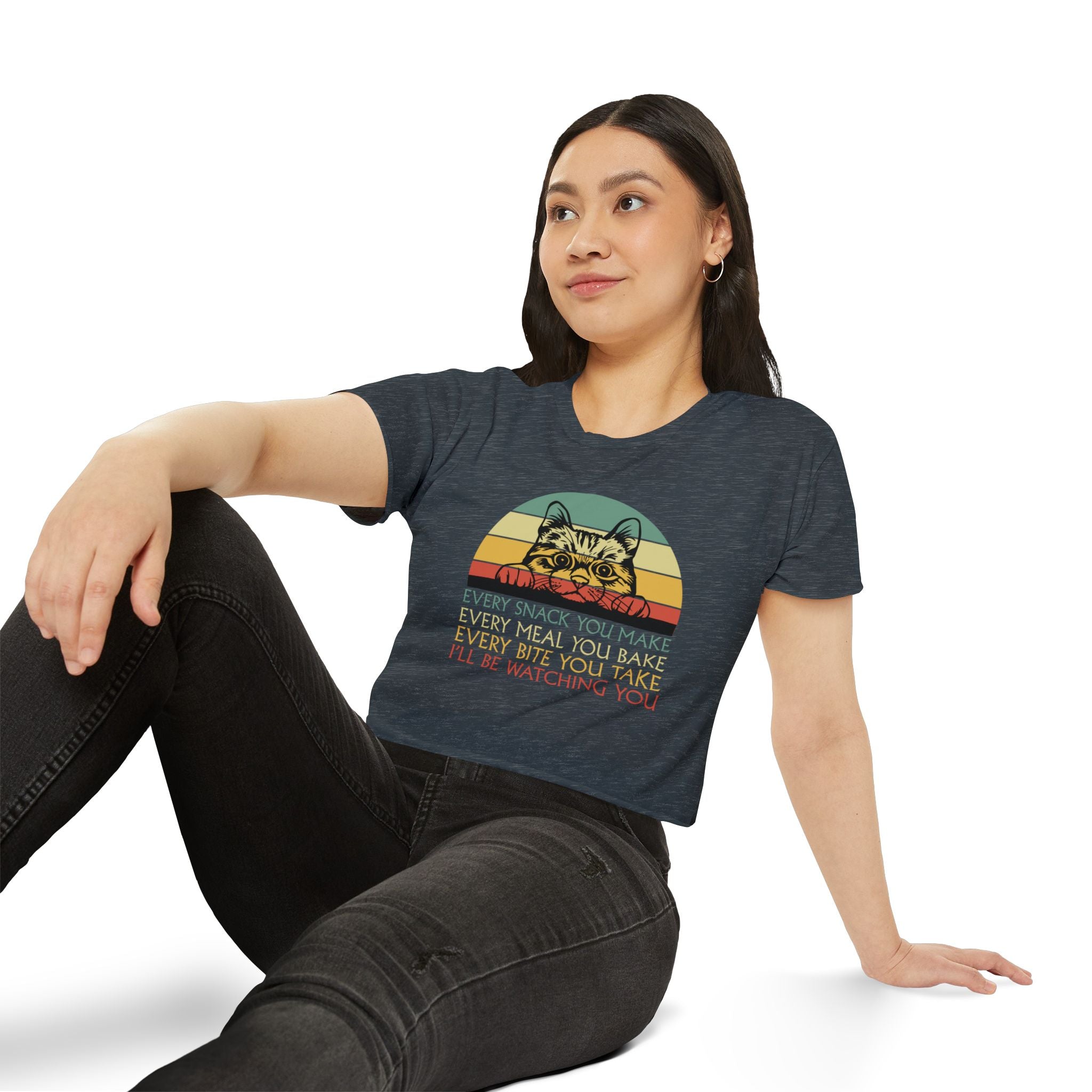 Cat Sneak Vintage Tee — “Every Snack You Make…” Retro Cat Graphic Crop Top