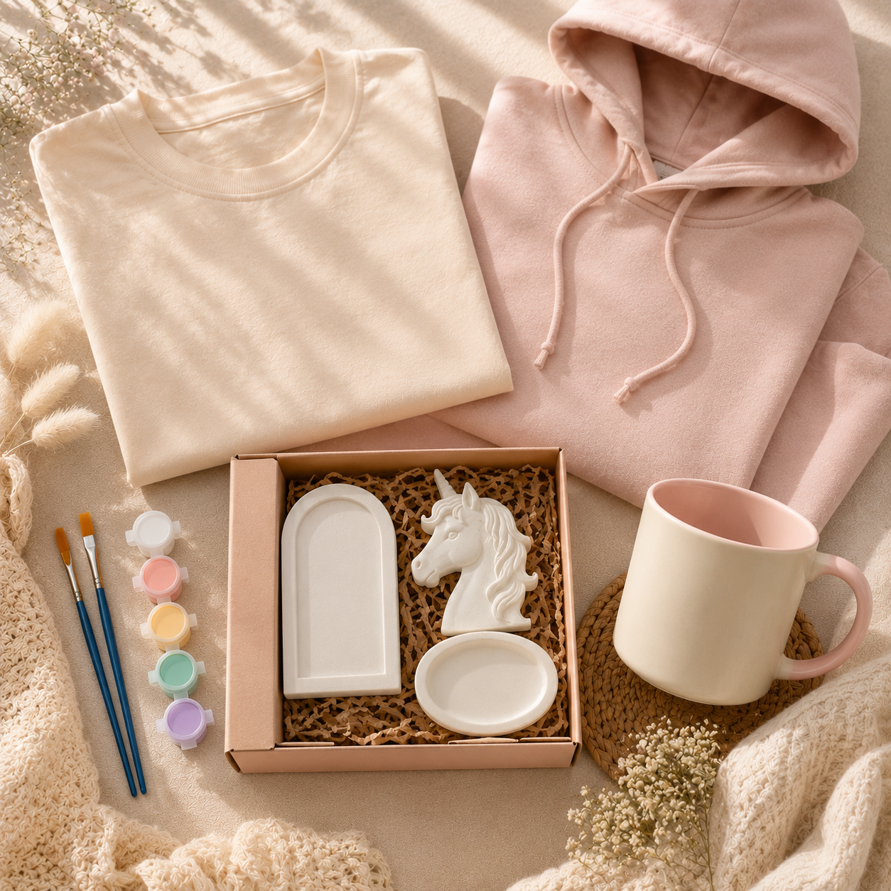 A styled flat-lay of a ceramic painting kit with folded cream and blush pink garments, a box containing white ceramic molds, paint pots, brushes, and a matching cream-and-pink mug on a soft neutral fabric background.
