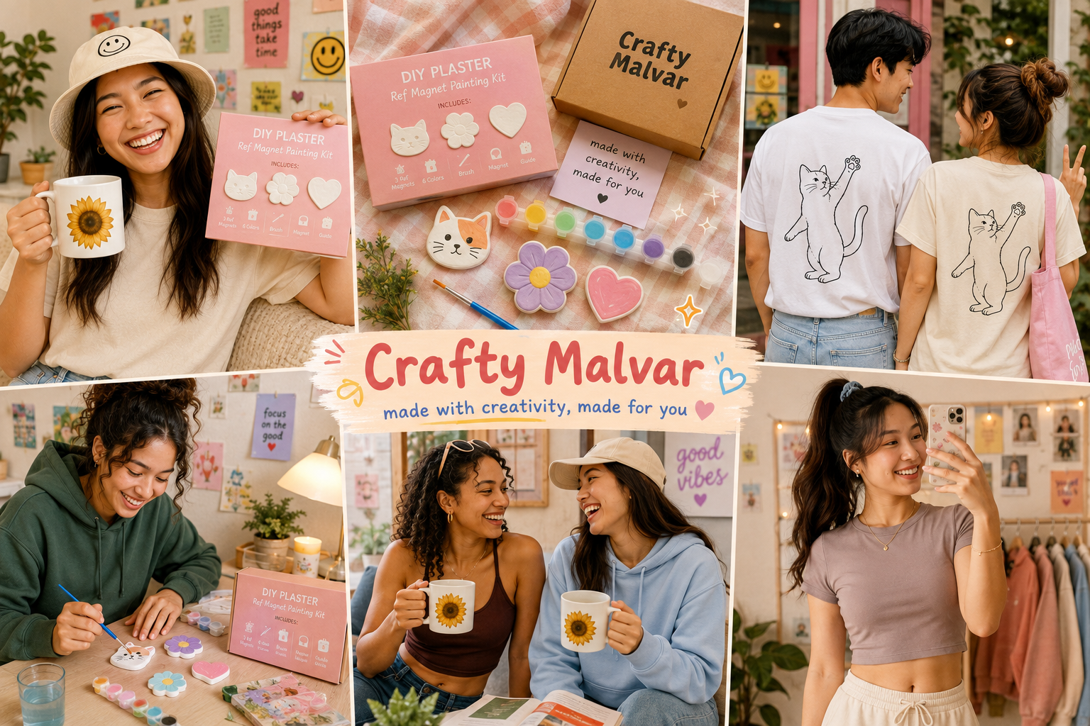 A six-panel collage showcasing the Crafty Malvar DIY Plaster kit in use. The panels feature people smiling, laughing, and creating with the kit, including holding mugs with sunflower designs, wearing t-shirts with cat illustrations, and working at a craft table.
