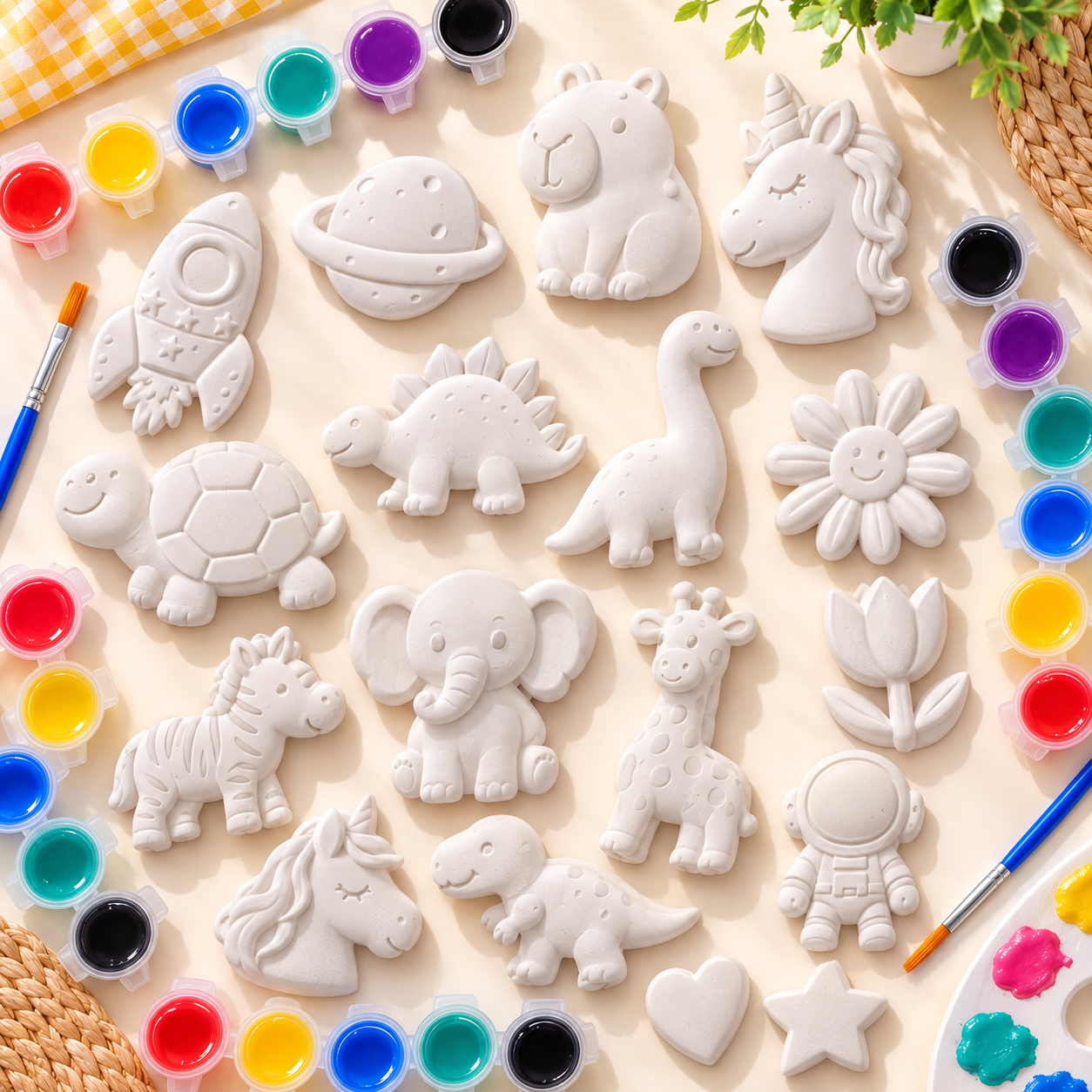 A flat-lay of unpainted plaster craft figures and small paint supplies arranged on a light beige surface. The figures include animals and objects such as a unicorn, elephant, giraffe, dinosaur, turtle, rocket, planet, flower, tulip, astronaut, star, and heart.