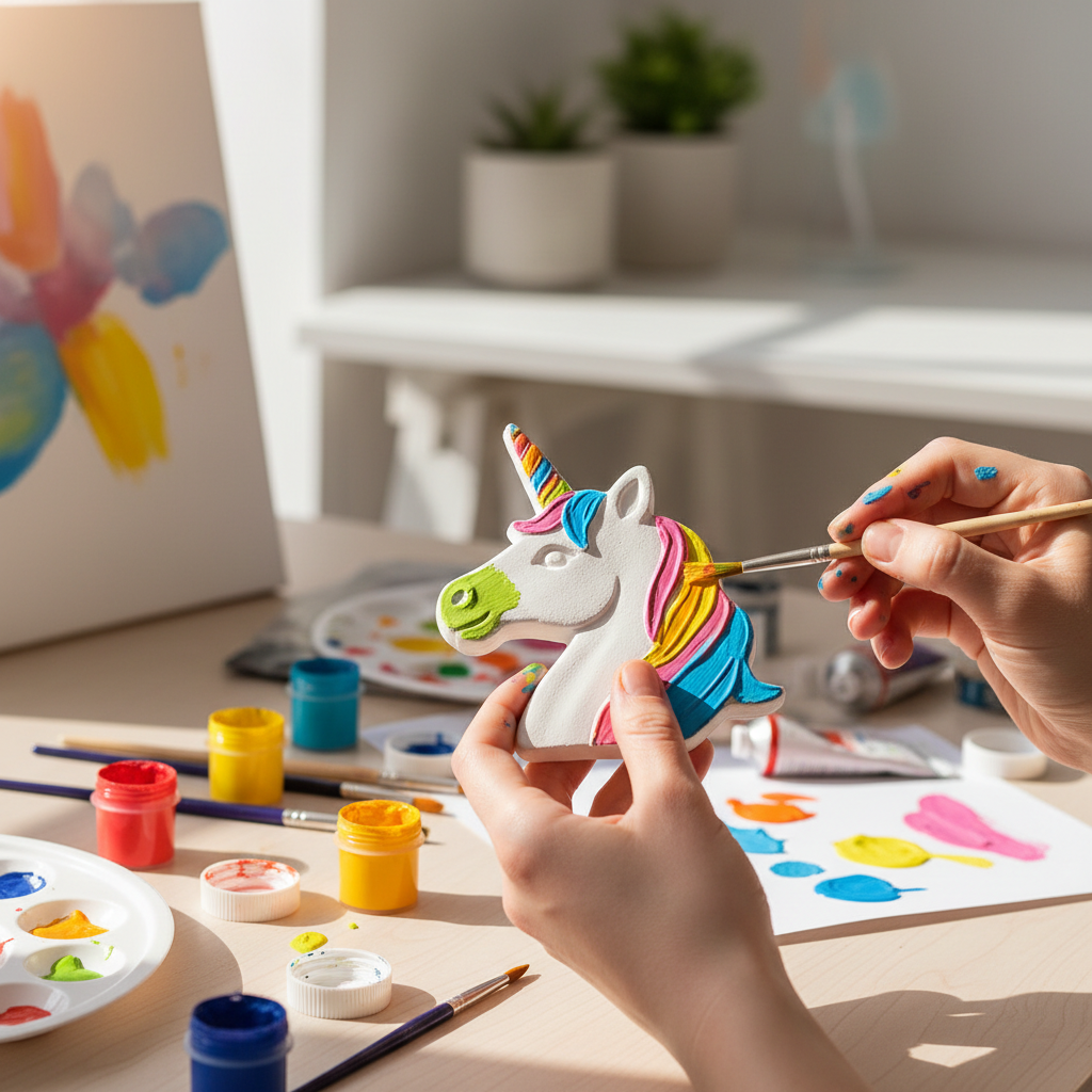 A person's hands are shown painting a white ceramic unicorn figurine with a colorful rainbow mane. The scene is set on a wooden table surrounded by paint palettes, paint pots, and brushes, with a blurred background showing a shelf with plants.